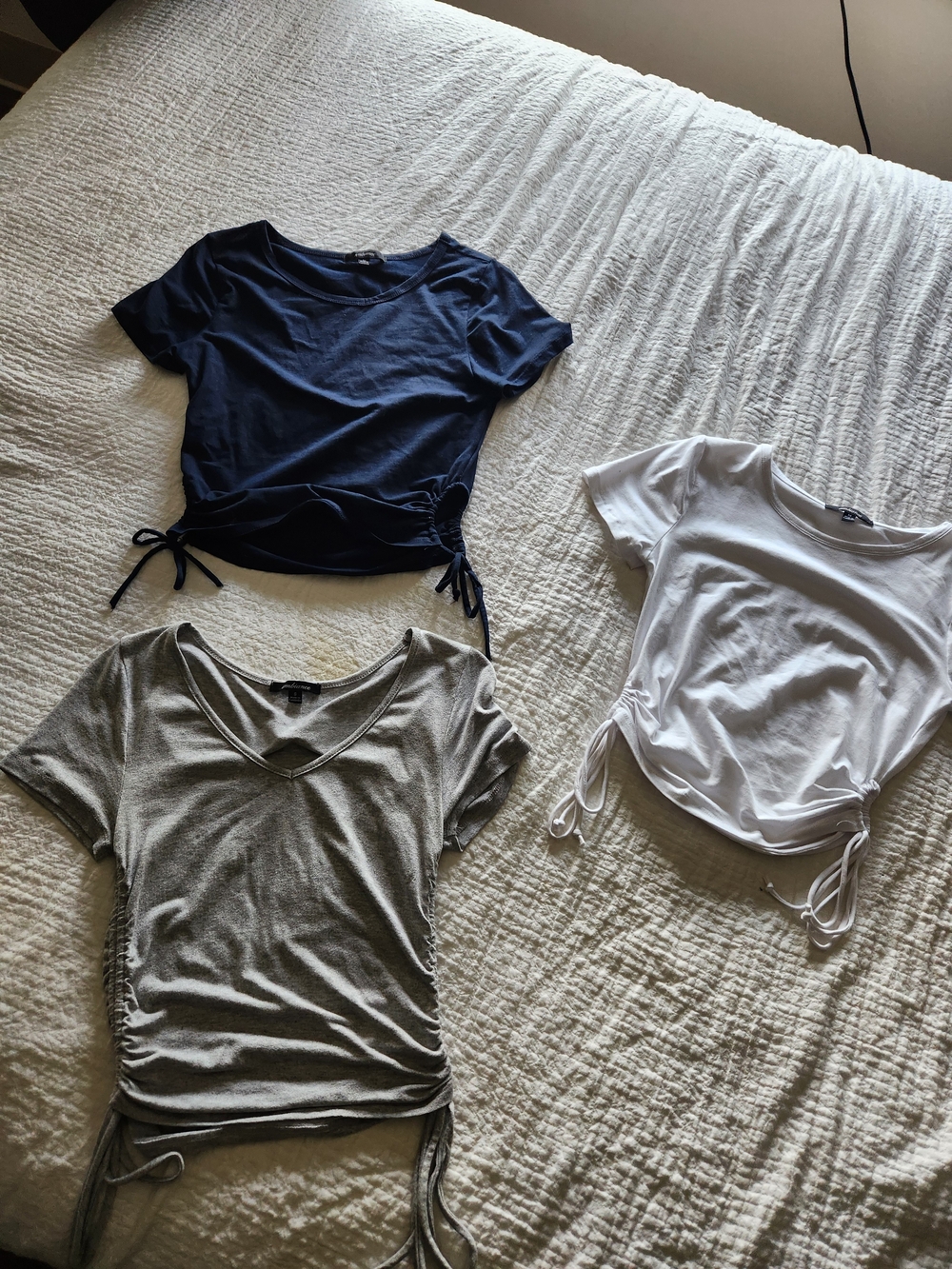 Ambiance Ruched Side-Tie Crop Tee Trio - Navy, White, Gray